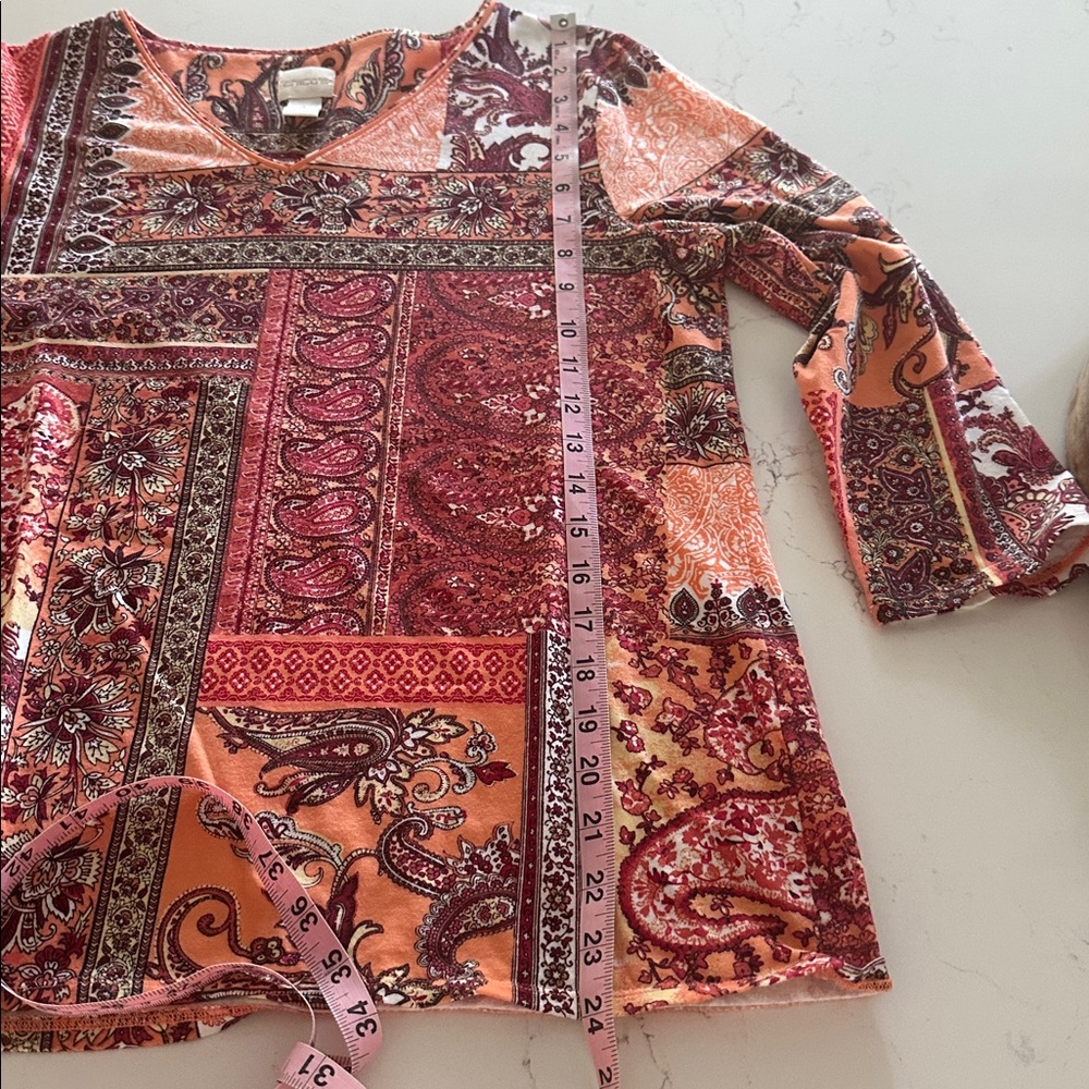 Chico's Women's Red and Orange Patchwork Blouse - Picture 12 of 12
